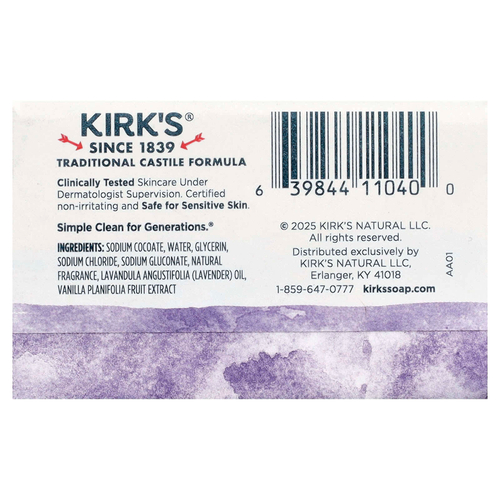 Kirk's, 100% кастильское кусковое мыло премиального качества с кокосовым маслом, лаванда и ваниль, 32 г (1,13 унции)