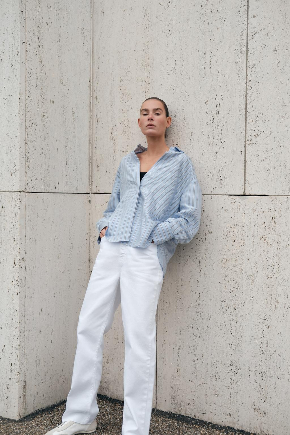 ZARA РУБАШКА ОВЕРСАЙЗ В ПОЛОСКУ С БУСИНАМИ, СИНИЙ/БЕЛЫЙ