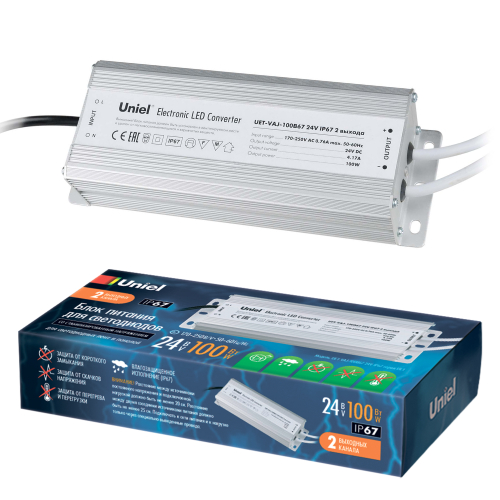 UET-VAJ-100B67 Блок питания для светодиодов с защитой от короткого замыкания и перегрузок, алюминиевый корпус, 100Вт, 24В, IP67, 2 выходных канала