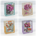 Пакет бумажный 12*15*5,5см с ручками матовый "Цветы" микс