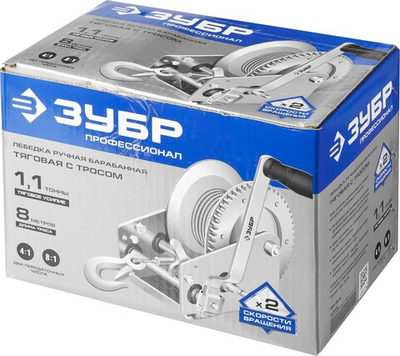 ЗУБР 1.1 т, 8 м, ручная барабанная тяговая тросовая лебедка, Профессионал (43113-1.1)