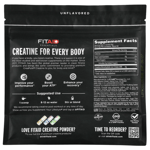 FITAID, Essentials, моногидрат креатина, без добавок, 300 г (10,6 унции)