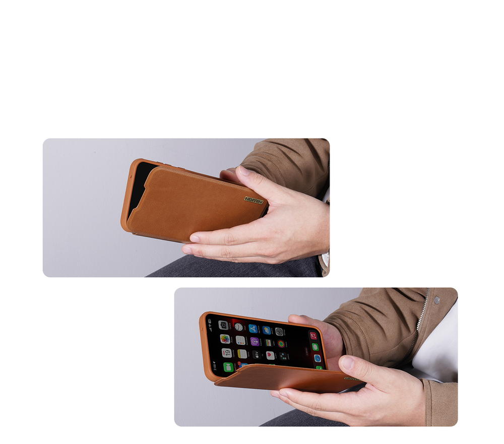 Кожаный чехол книжка коричневого цвета от Nillkin для Samsung Galaxy A56 5G, серия Qin Pro Leather с защитной шторкой для камеры