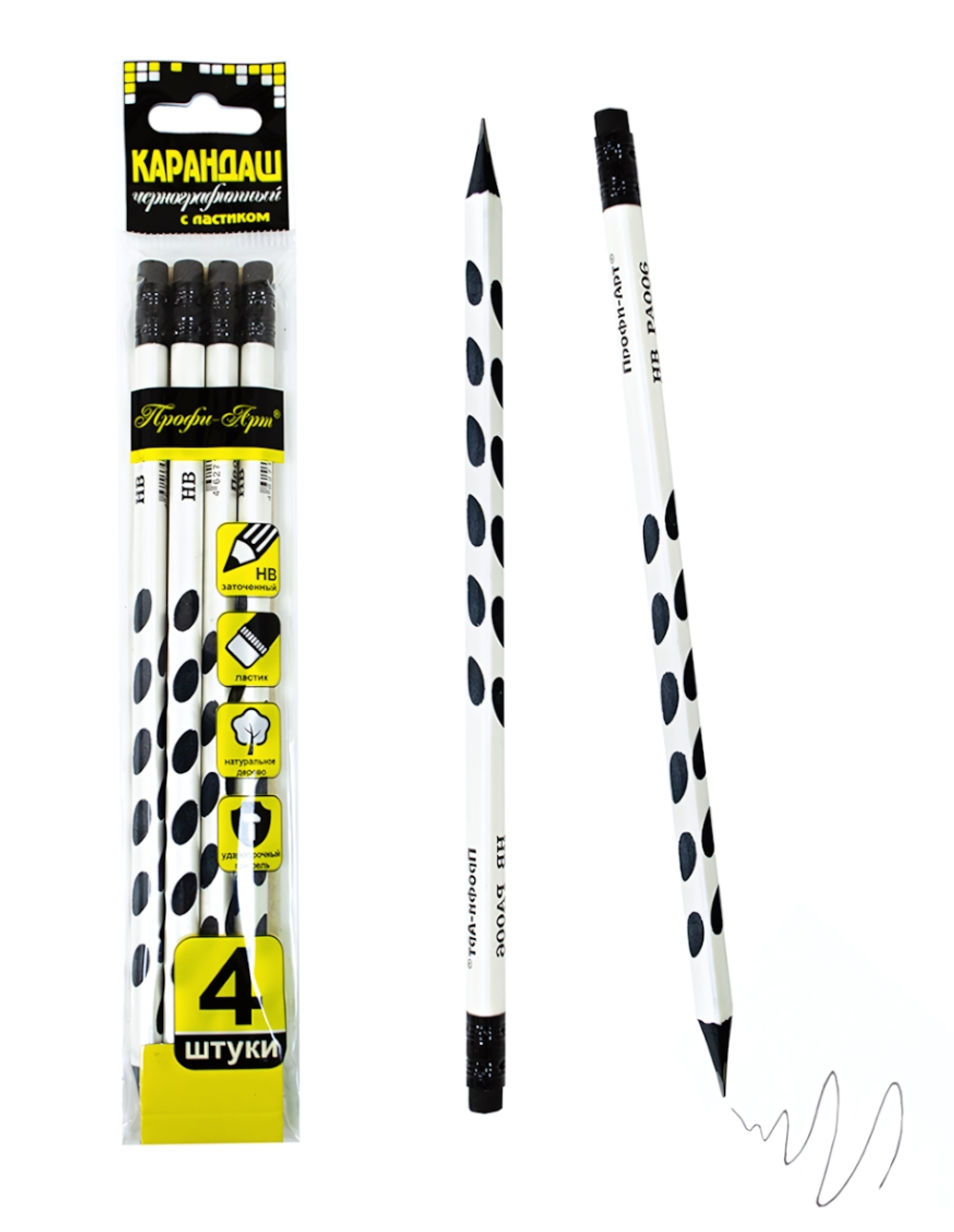 Карандаш ч/г HB "Черная точка" трехгран,заточенный, c ластиком, дерево РА006 (Профи-Арт)