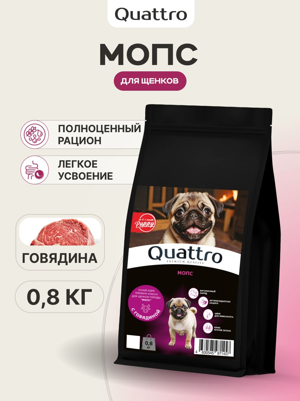 Корм сухой для щенков породы Мопс, с говядиной, 800 гр, QUATTRO