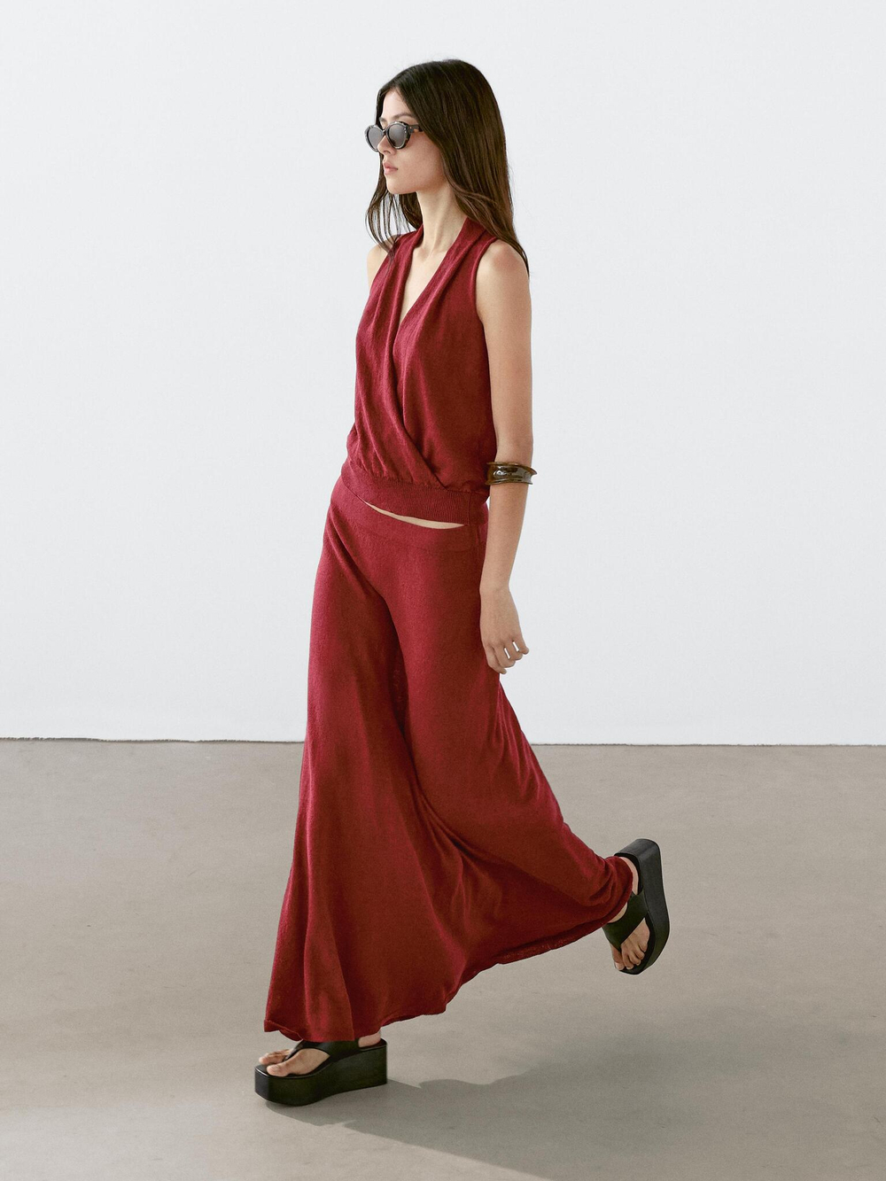 Massimo Dutti Длинная юбка из льняного трикотажа с воланом, темно-розовый