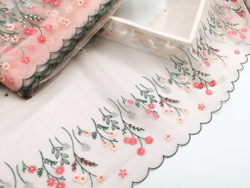 Вышивка на сетке, 22 см, ПРАВАЯ, цветы на нежно-розовом фоне (Артикул: VS-2021), м