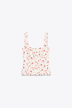 ZARA ТОП ИЗ ЭЛАСТИЧНОГО ПОПЛИНА С ЦВЕТОЧНЫМ ПРИНТОМ, ЭКРЮ/КРАСНЫЙ