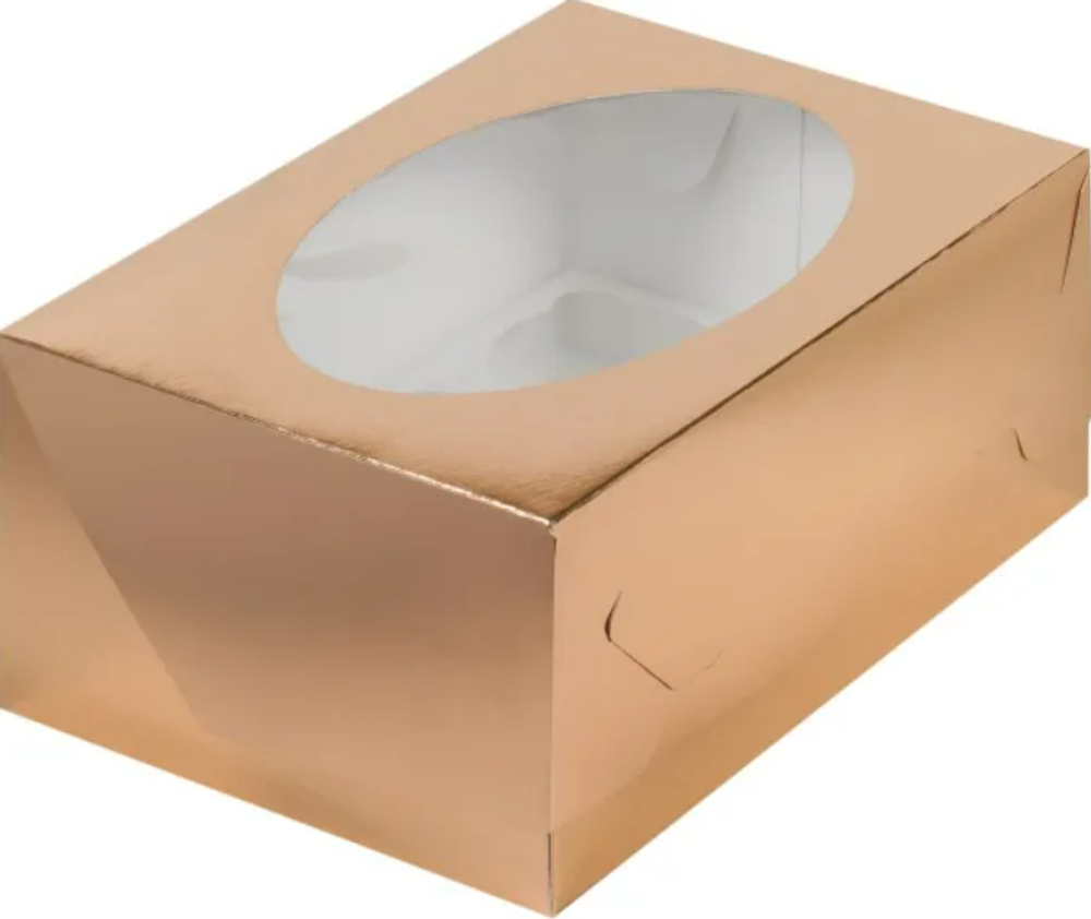 Коробка для капкейков 6 шт с окошком 235*160*100 мм (золото)