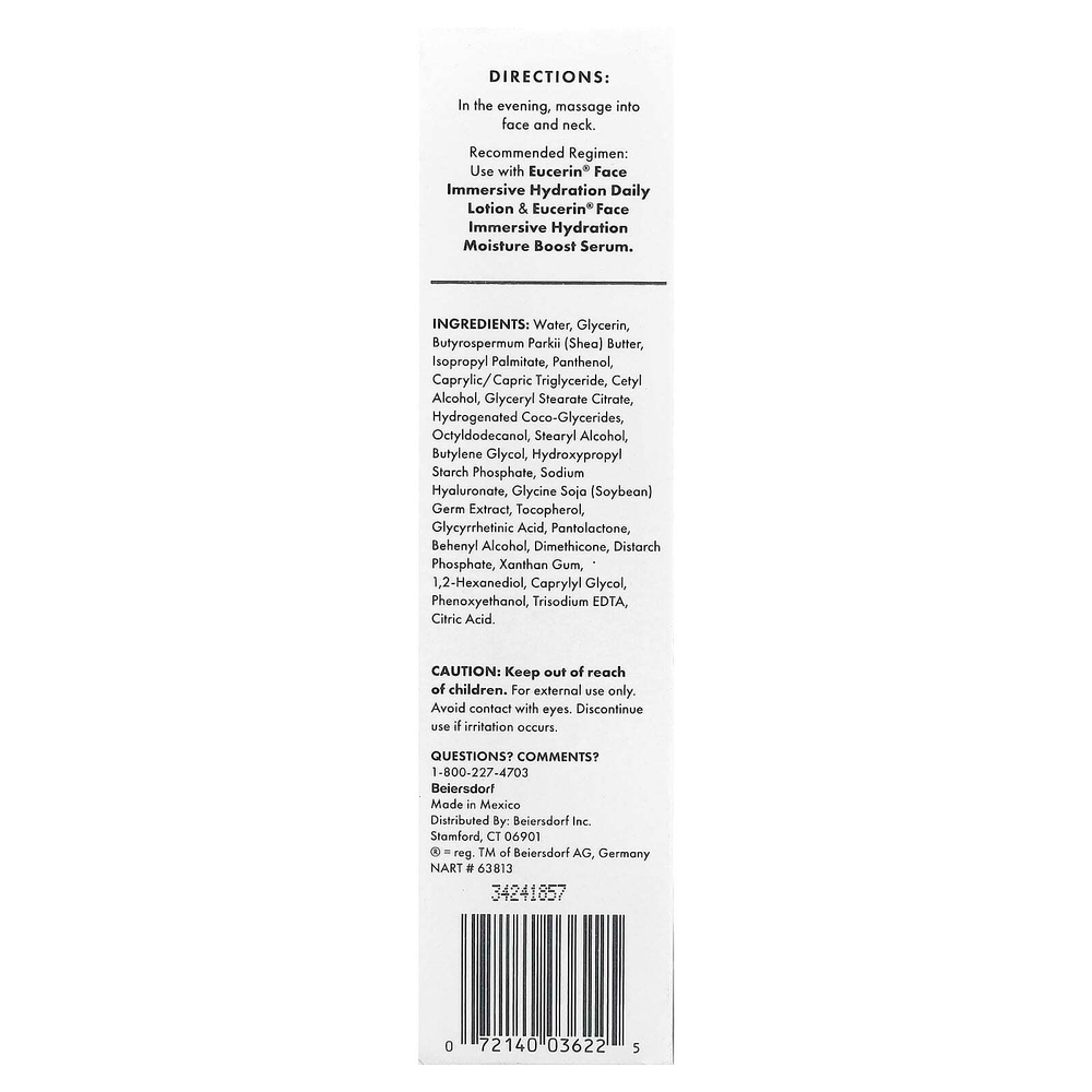 Eucerin, Face, иммерсивный увлажняющий ночной крем, без отдушек, 71 г (2,5 унции)