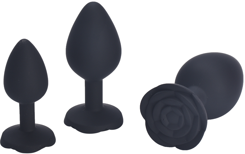 Чёрная силиконовая анальная пробка с ограничителем в форме розочки (Размер M)