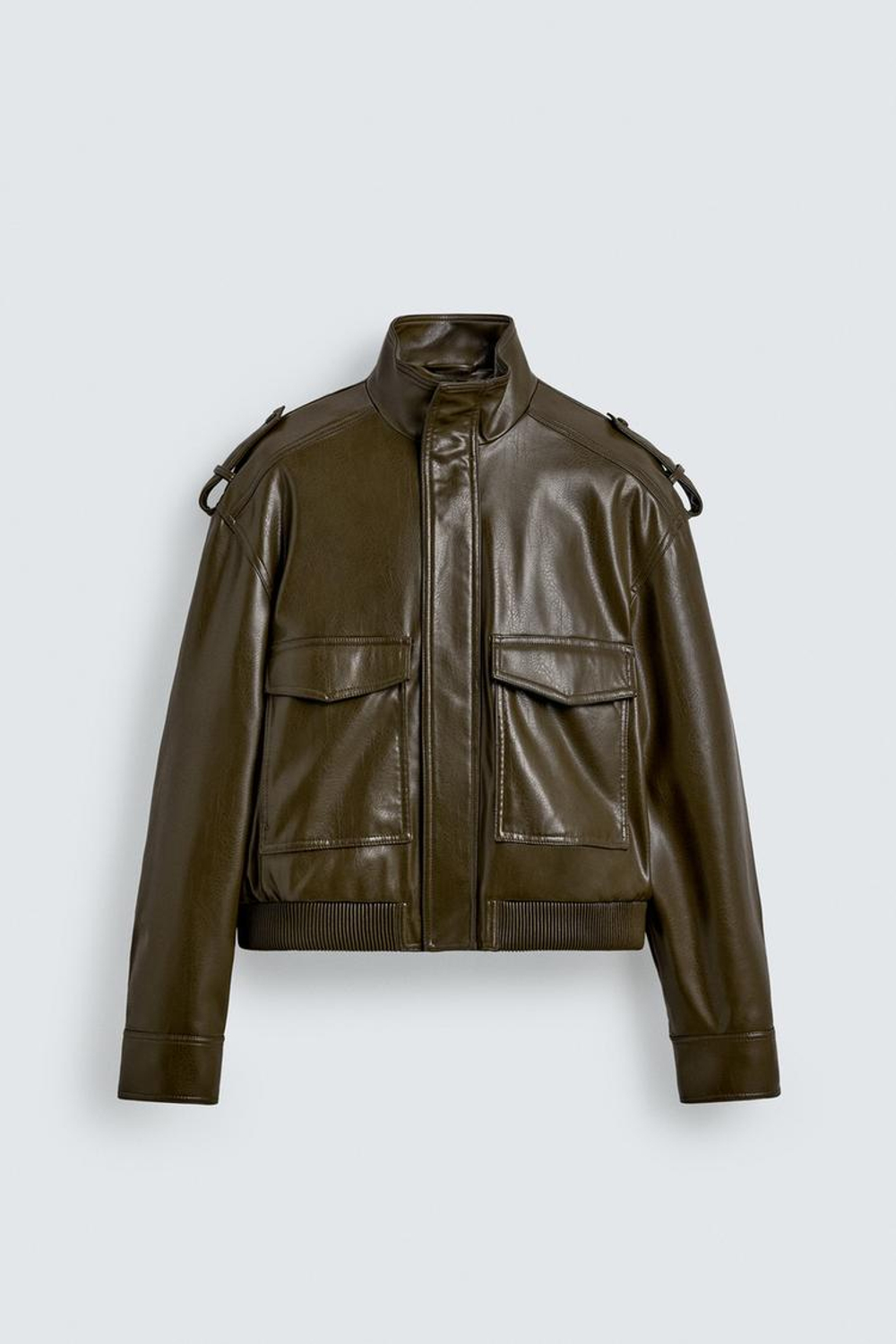 ZARA УКОРОЧЕННАЯ КУРТКА ИЗ ИСКУССТВЕННОЙ КОЖИ, ОЛИВКОВЫЙ