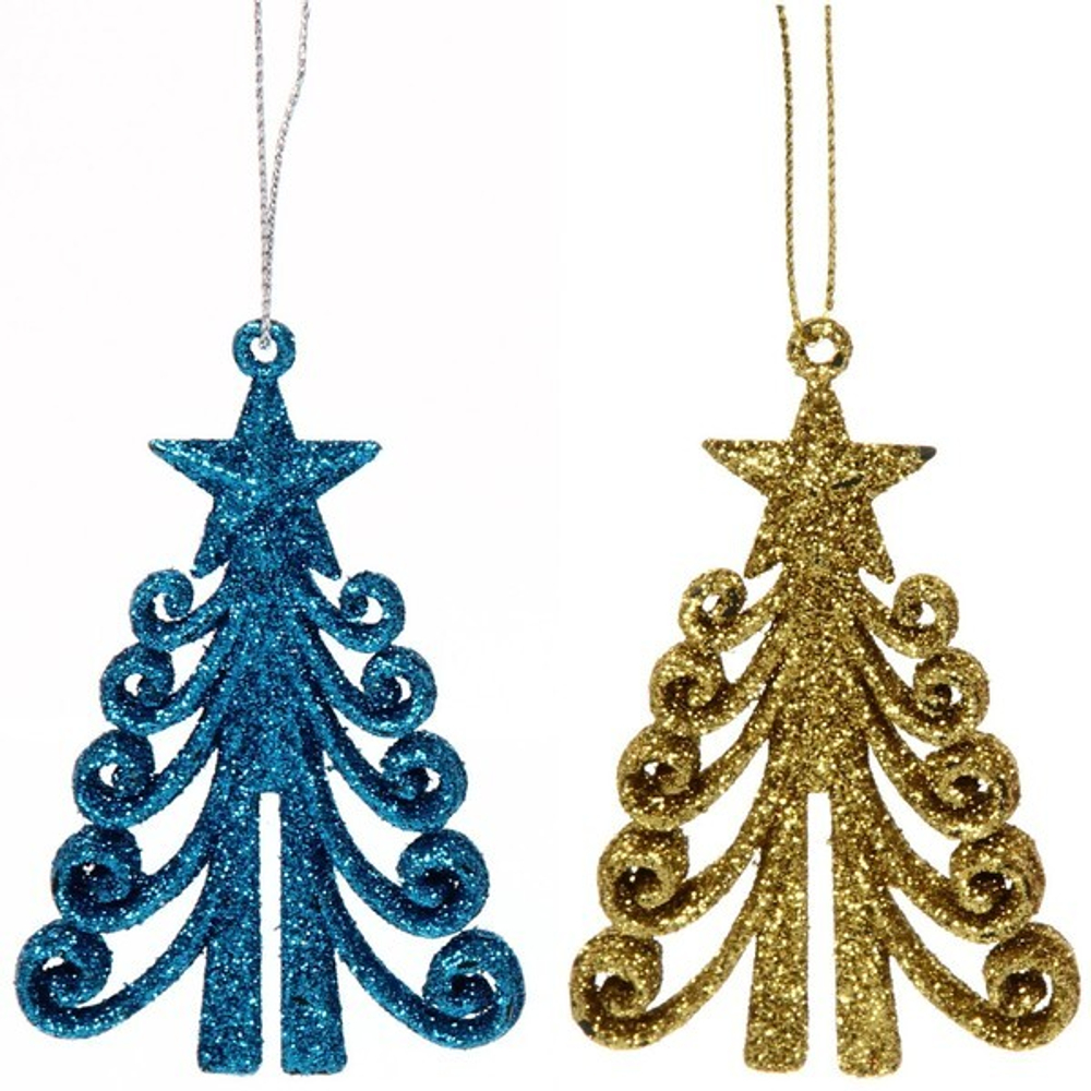 Подвески в блестках «Елочка кудрявая» 7 см (набор 2шт), синий/золото