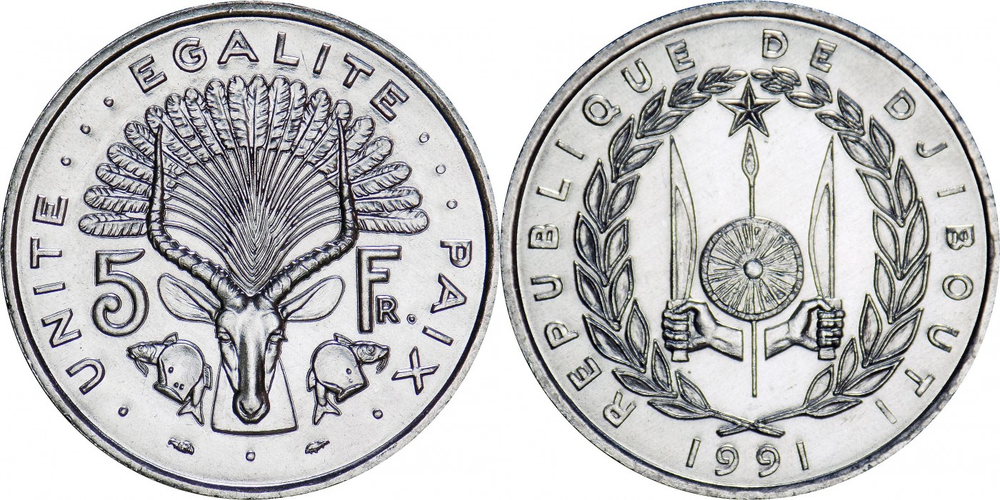 Джибути 5 франков, 1977-1999 UNC