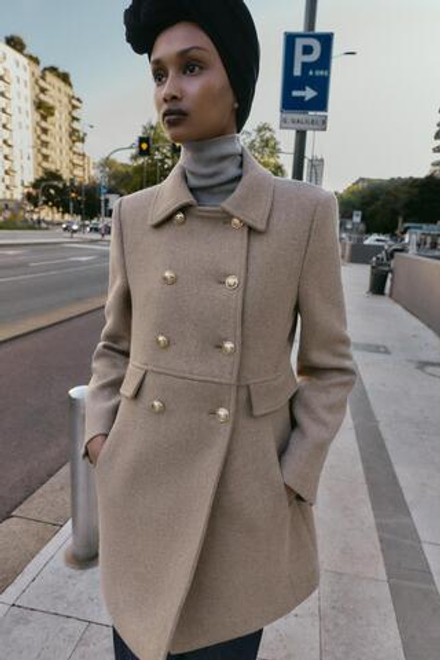 ZARA КОРОТКОЕ ДВУБОРТНОЕ ПАЛЬТО С ШЕРСТЬЮ, СВЕТЛЫЙ СЕРО-КОРИЧНЕВЫЙ