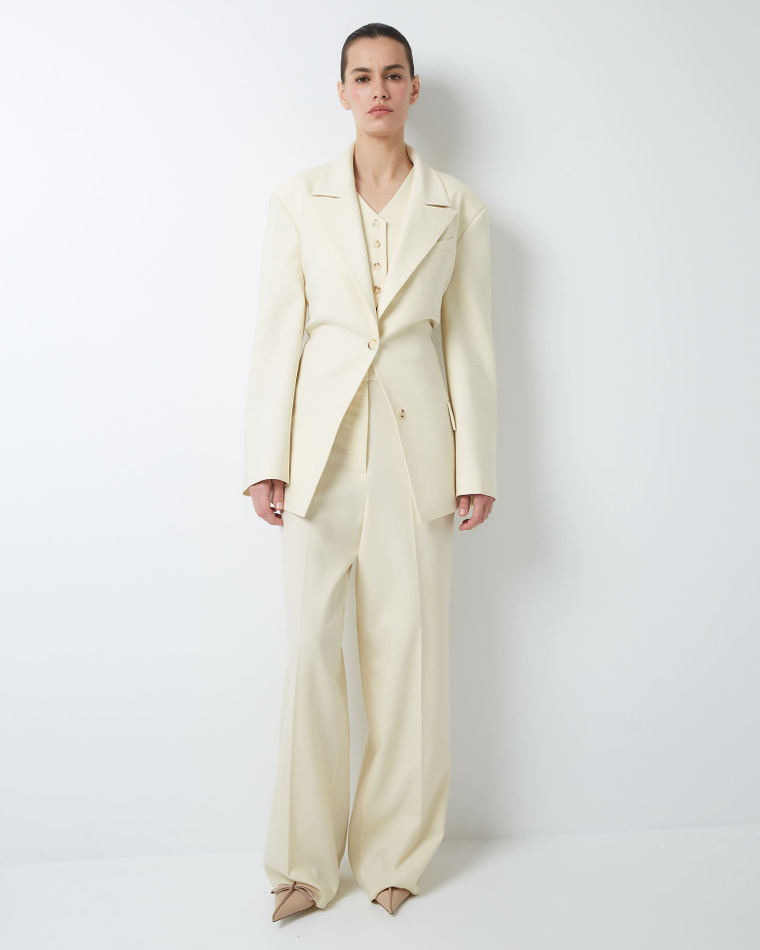 Брюки с регулируемым хлястиком из шерсти белый шоколад