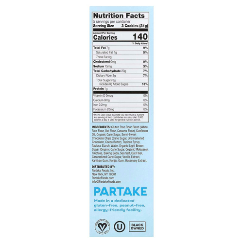 Partake, мягкое печенье, с шоколадной крошкой, 156 г (5,5 унции)