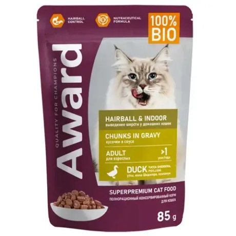 AWARD Hairball & Indoor Влажный корм для выведения шерсти у взрослых домашних кошек, кусочки в соусе с уткой, 85 г
