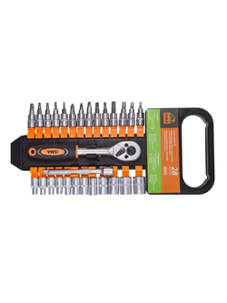 Набор головок и бит с трещоткой 28пр. 1/4''(4-13мм, Torx:T10,15,20,25,30, Hex:3-6мм,SL:4,5.5,7мм, PH1,2),в пластиковом держателе ISMA ISMA-2028-5