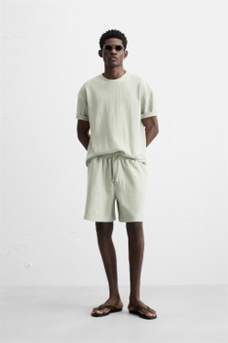 ZARA ШОРТЫ-ДЖОГГЕРЫ ИЗ РЕЛЬЕФНОЙ ТКАНИ, СЕРО-СИНИЙ