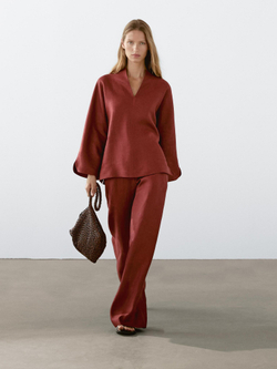 Massimo Dutti Струящиеся брюки из 100% льна, темно-розовый