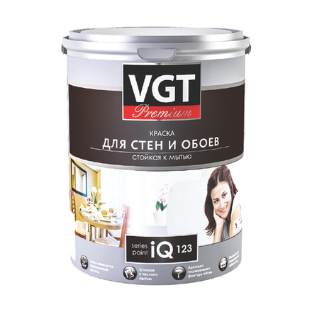 Краска моющаяся для стен и обоев VGT Premium iQ123, база A, белая, 9 л