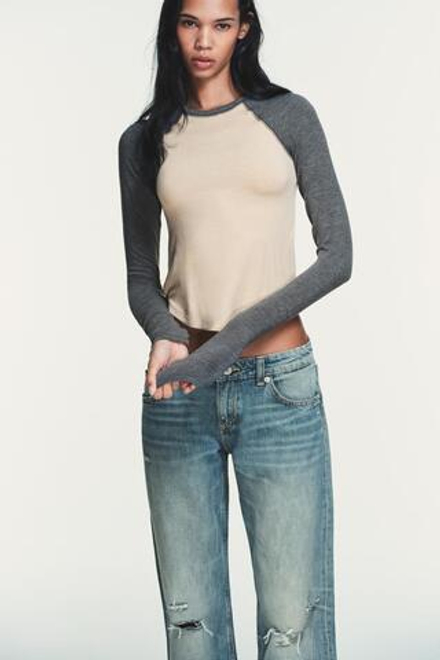 ZARA ФУТБОЛКА РЕГЛАН С КОНТРАСТНЫМИ ДЕТАЛЯМИ, СЕРЫЙ