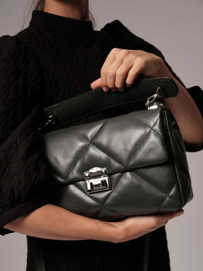 Сумка кожаная на плечо темно-зеленая