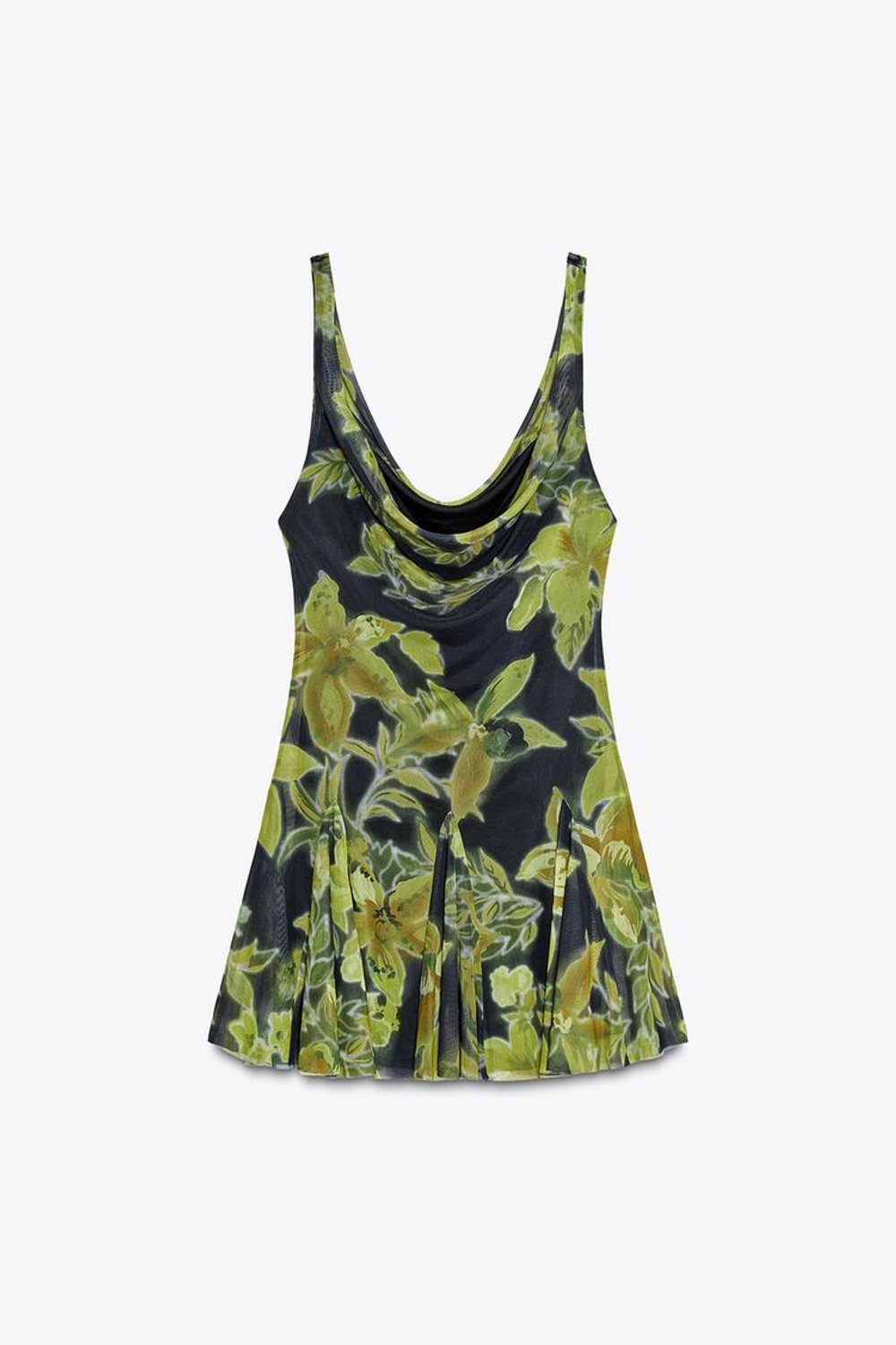 ZARA КОРОТКОЕ ПЛАТЬЕ ИЗ ТЮЛЯ С ЦВЕТОЧНЫМ ПРИНТОМ, ЧЕРНЫЙ/ЗЕЛЕНЫЙ