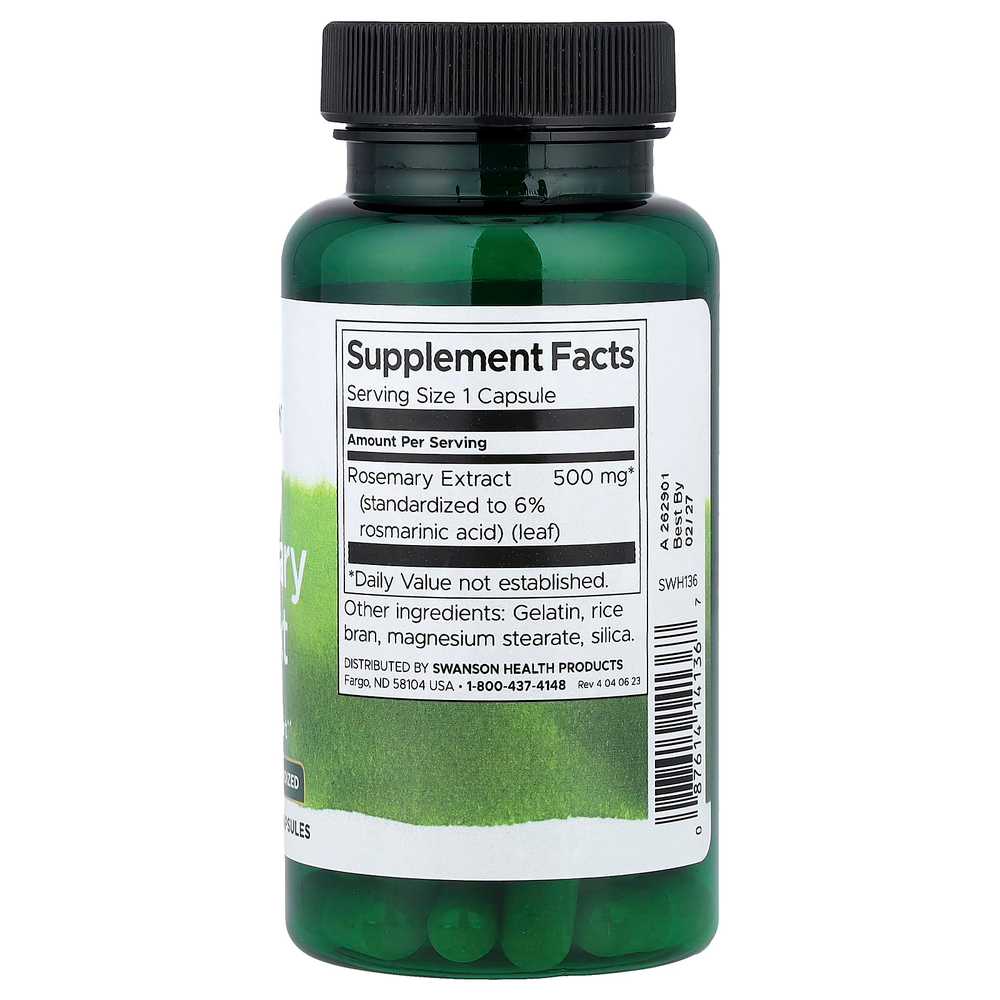 Swanson, экстракт розмарина, стандартизированный, 500 мг, 60 капсул