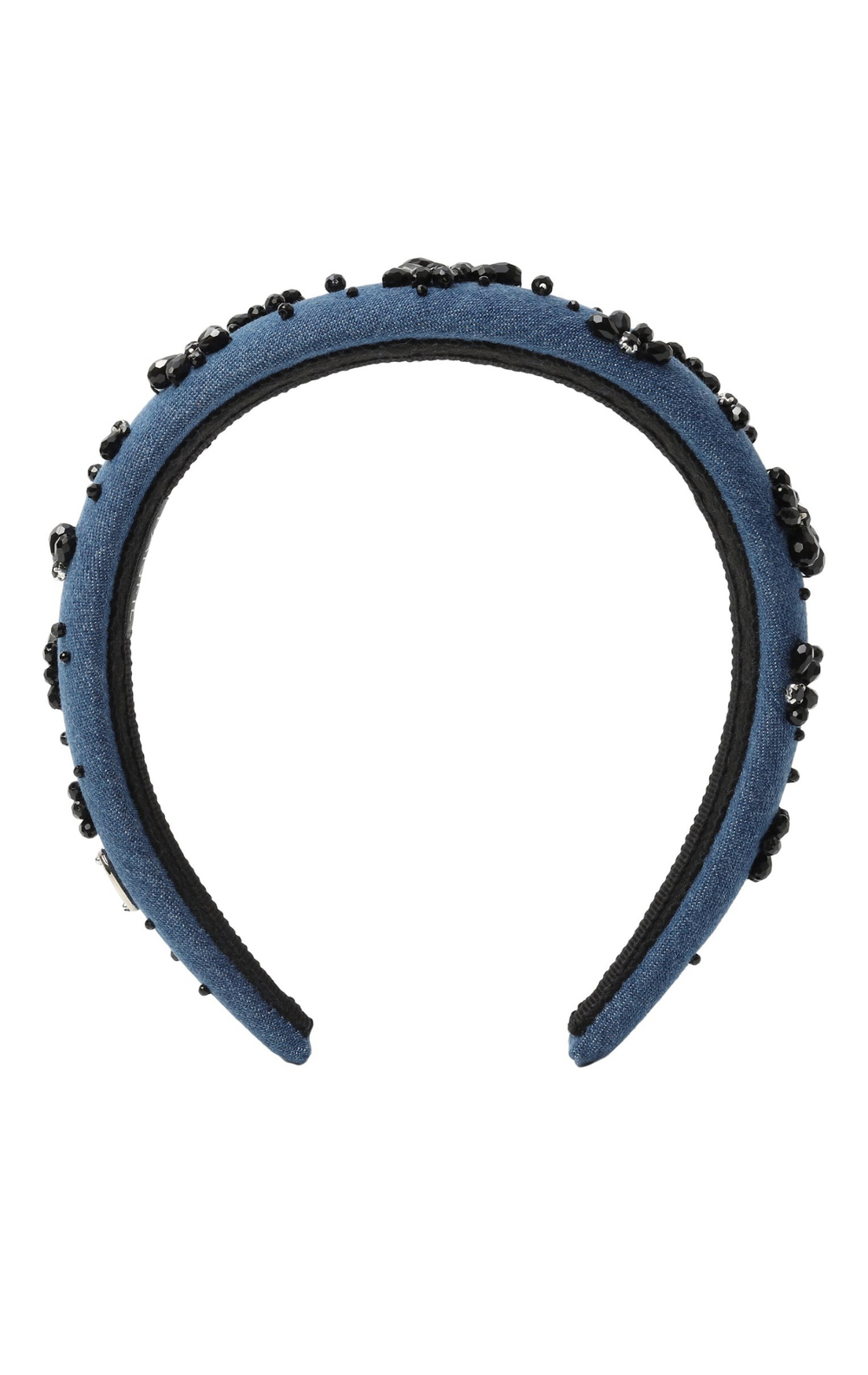 Ободок объемный из синей джинсы с черными цветами