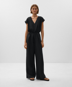 Oysho Длинный комбинезон из льна с рюшами на талии, черный