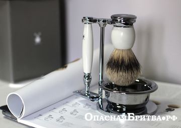 Бритвенный набор MUEHLE SOPHIST, фарфор, барсучий ворс высшей категории Silvertip, Т-образная бритва (станок), чаша