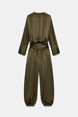 ZARA АТЛАСНЫЙ КОМБИНЕЗОН С ОБЪЕМНЫМИ БРЮКАМИ — ZW COLLECTION, ТЕМНЫЙ ХАКИ