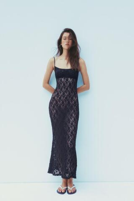 ZARA ДЛИННОЕ КРУЖЕВНОЕ ПЛАТЬЕ, ЧЕРНЫЙ