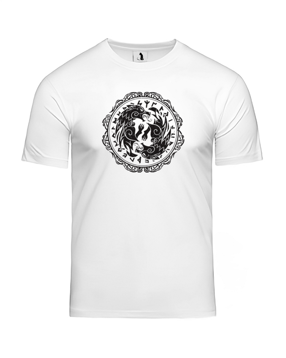 Скандинавская футболка с волком и рунами unisex белая с черным рисунком