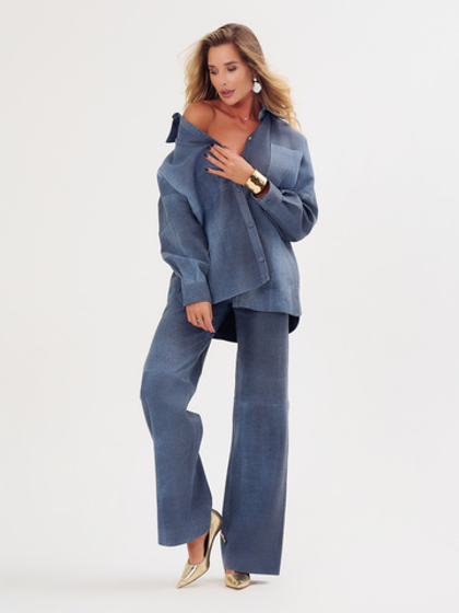 Женские кожаные брюки под деним синие прямого кроя