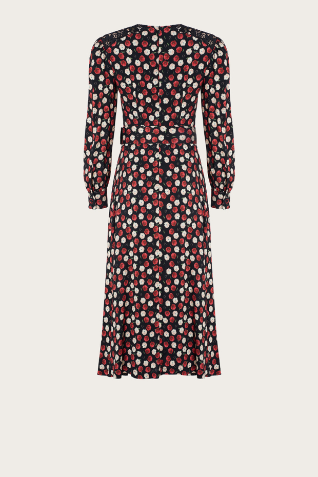 Черное платье-миди "Луиза" с красным цветочным принтом