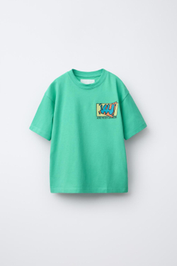 ZARA ФУТБОЛКА ИЗ ТКАНИ С ПРИНТОМ, ЗЕЛЕНЫЙ