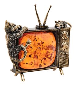 Народные промыслы AM-3056 Фигурка «Кот и мышь на телевизоре» (латунь, янтарь)