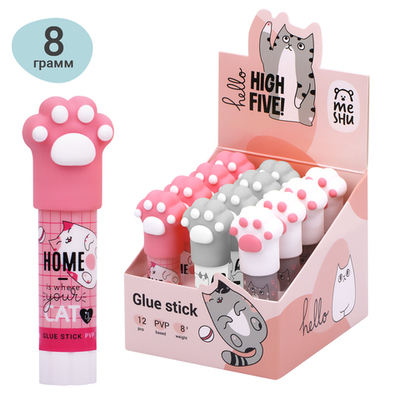 Клей-карандаш MESHU с топпером "Paw", 8г, дисплей бокс, ПВП, ассорти