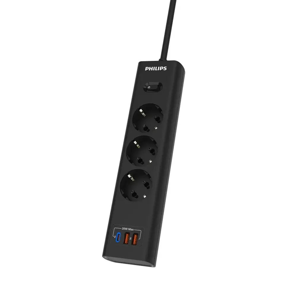 Сетевой фильтр удлинитель Philips CHP4336BA/51 с тремя стандартными розетками EU, 2 USB-A, Type-C, с заземлением и защитой от перегрузок, 2 м, черный