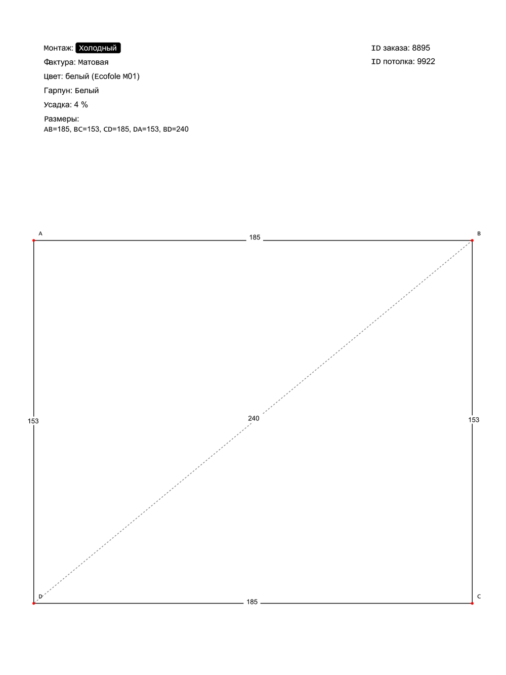 Матовый натяжной потолок 2.8 м2