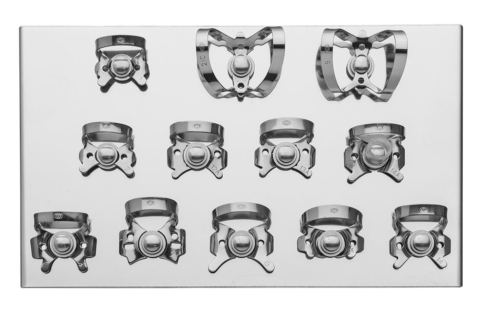 Набор коффердам (раббердам): подставка + 12 клампов полированная сталь KSK (Dentech Corporation, Япония) купить на kofferdam.pro