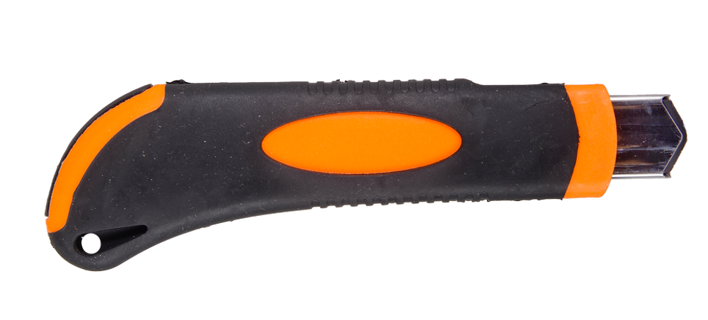 Нож с выдвижным лезвием 18 мм, двухкомпонентный корпус, металлическая направляющая, автоматический фиксатор, Вихрь