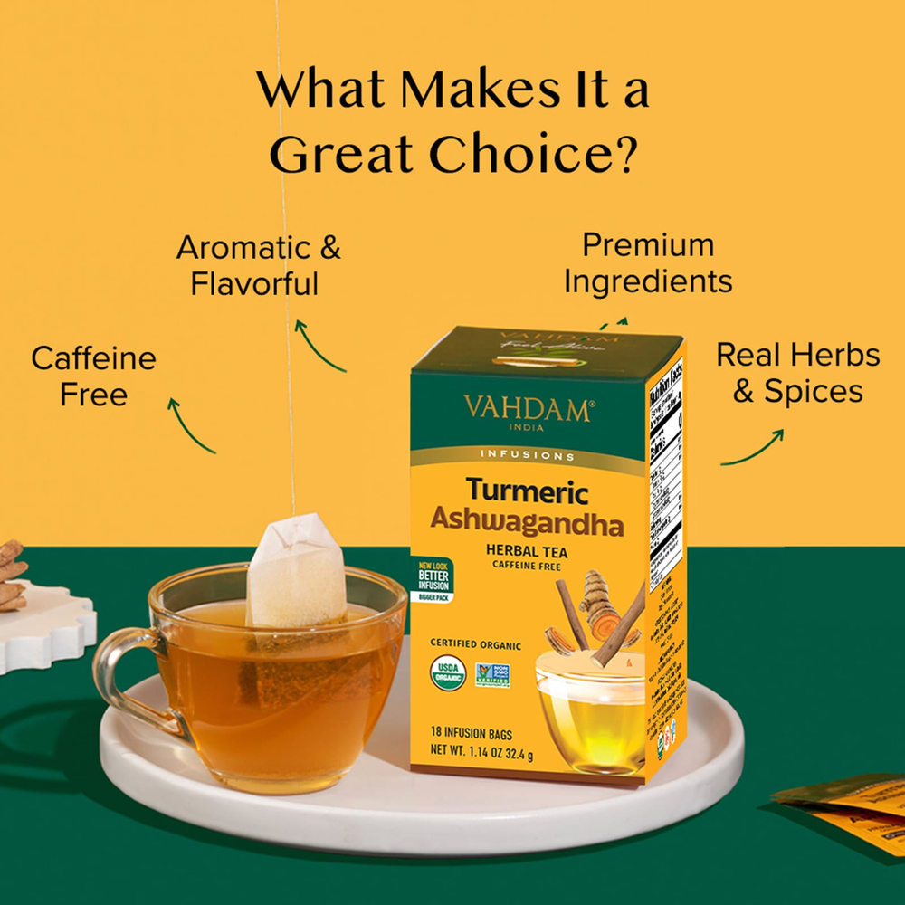 VAHDAM India, Infusions, куркума и ашваганда, без кофеина, 18 пакетиков для заваривания, 32,4 г (1,14 унции)