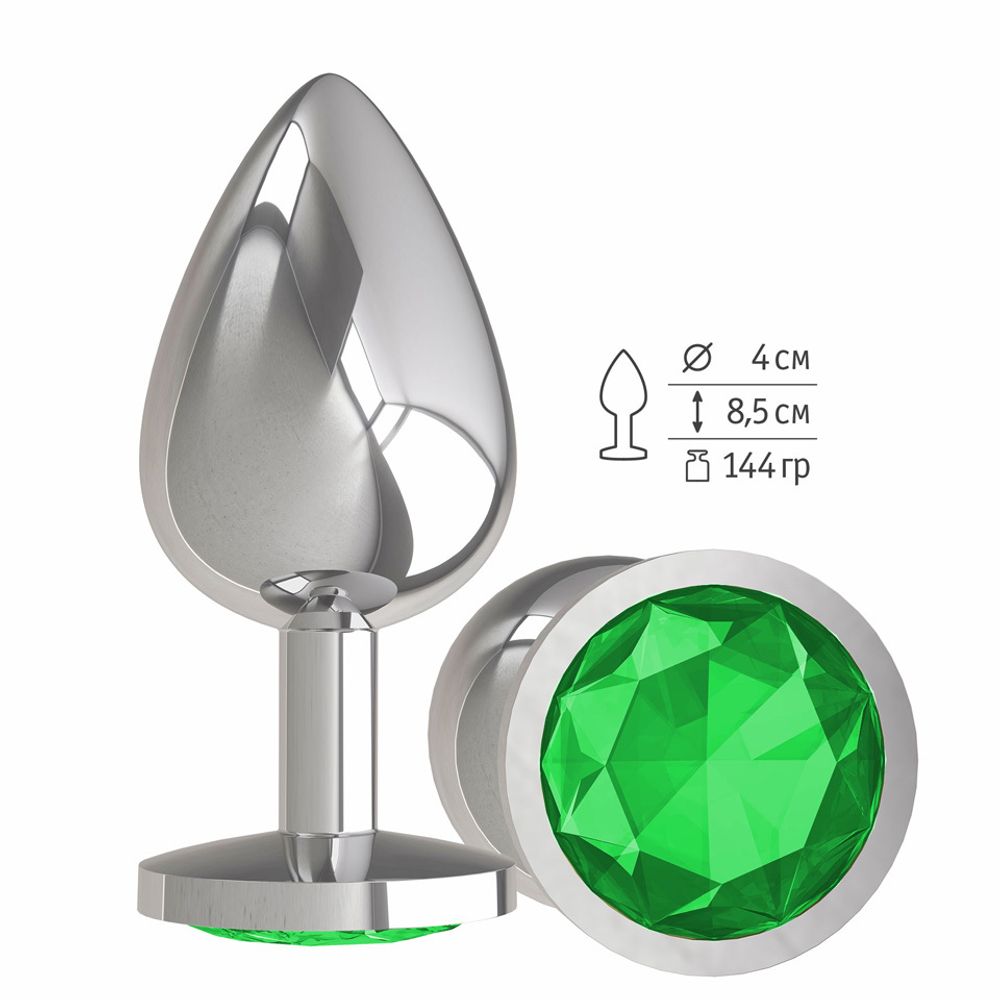 533-03 GREEN-DD / Анальная втулка Silver с зеленым кристаллом большая