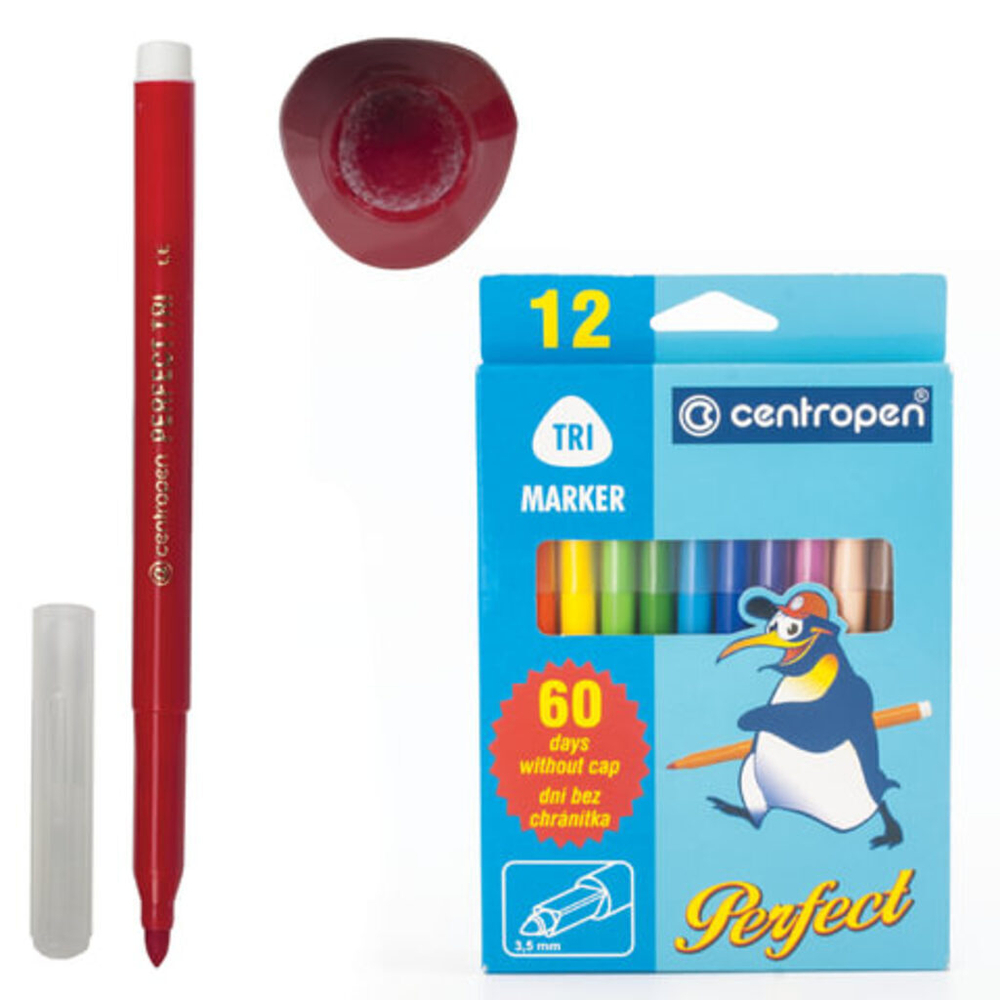 Фломастеры  12цв "Centropen. Perfect trio", устойчивые к высыханию, карт.упак