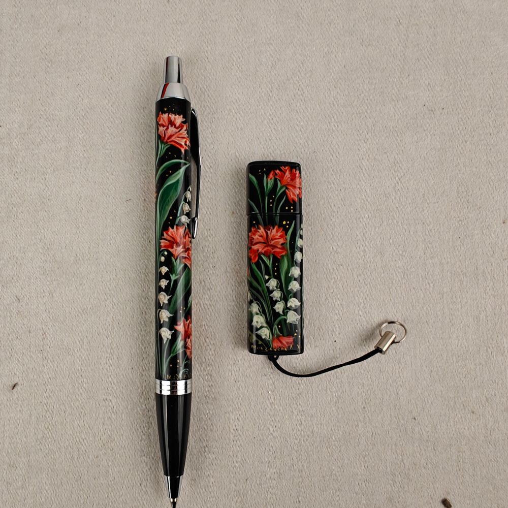 Набор "Ландыши и гвоздики" флешка и ручка Parker с ручной росписью Палех в футляре