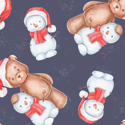 Снеговики и новогодний мишка (на тёмном фоне)